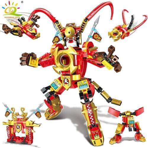 HUIQIBAO 298pcs Sun Wukong Mecha Building Blocks City Monkied Robot Super Monkey King Fighter Weapon Figures Bricks Toys Child