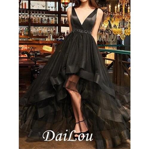 A-Line Minimalist Sexy Engagement Formal Evening Dress V Neck Sleeveless Asymmetrical Tulle with Ruffles 2021