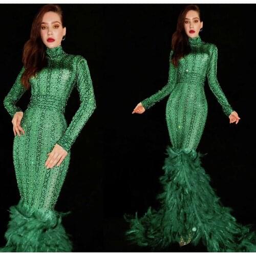 Green Rhinestones Feather Dress Sparkly Crystals See Through Mesh Long Trains Dress Women Prom Evening Stage Dance Costumes