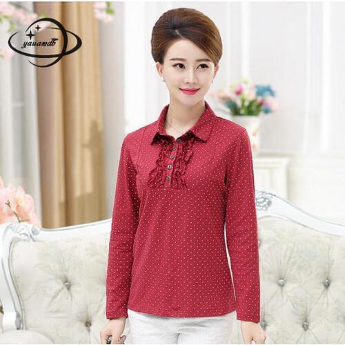Cotton Yauamdb Women Polo Shirt Spring Autumn Size L-4xl Female Polka Dot Long Sleeve Tee Ladies Turn-Down Collar Y55
