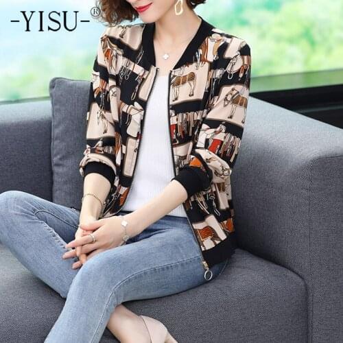 YISU Woman clothing silk Womens spring jacket Baseball collar Printing wrap coat Casual 2021 Fashion Thin zipper Jacket women