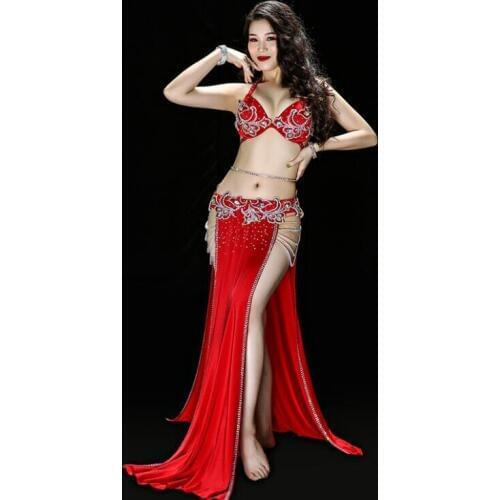 Belly Dance Performance Costume Luxury Women 4 Piece Two Sides Slit Skirt Pearl Rhinestone Oriental Dance Show Wear