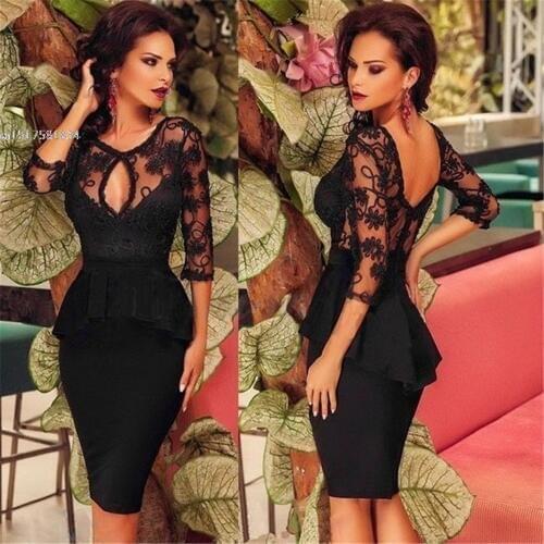 New Sexy Women O-neck Floral Lace Hollow Out Bodycon Slim fit Peplum Dress Autumn Spring Fashion Dress 2020 New Year Gift XXXL