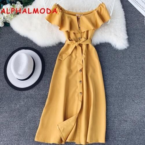 ALPHALMODA 2019 Summer Single Breasted Slash Neck High Waist Sashes Chiffon Dress Women Vintage Preppy Elegant Vestidos