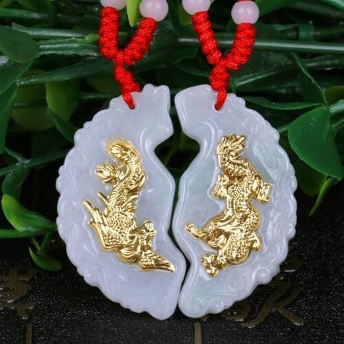 Gold Inlaid Jades Dragon Phoenix Wear Pendant Lettering Men & women Necklace Natural Emeralds Hetian pendan Fine Jewelry