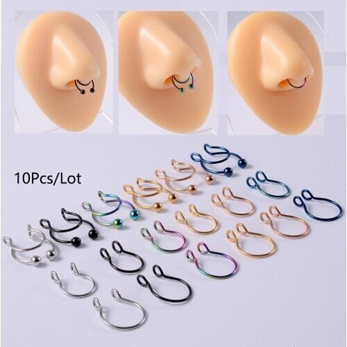 10pcs/lot Stainless Steel Fake Nose Ring Hoop Septum Ring U Clip Lip Ring Earrings Helix Rook Tragus Cartilage Piercings Jewelry