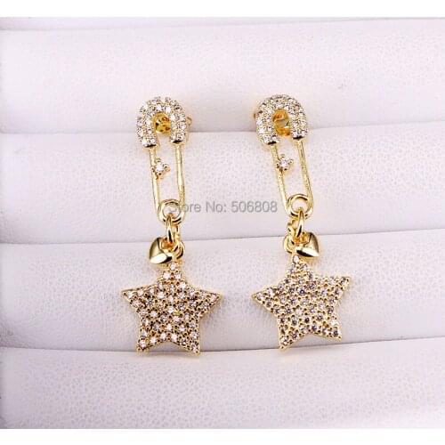 4 Pairs, Clear cz safety pin earring jewelry, gold filled star dangle earring
