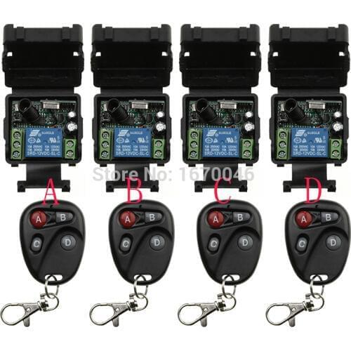 DC12V 1CH wireless switch RF Wireless remote control switch system 4 transmitter +4 receiver light /lamp/ window/Garage Doors