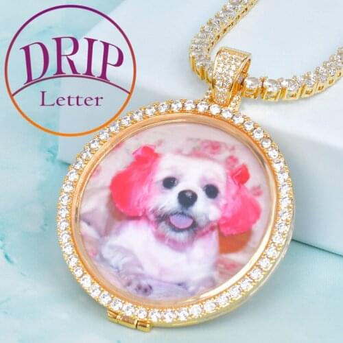 Custom Circle Photo Pendant Gold Color Cubic Zircon Mens Hip Hop Medallions Necklace Jewelry