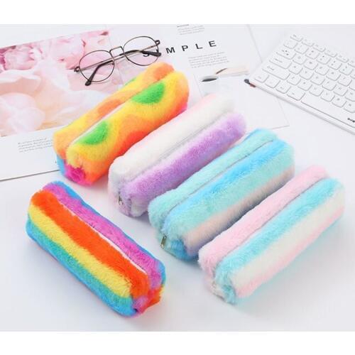 Multi-Color Rainbow Pencil Case Quality Plush School Office Supplies Stationery Set Pencilcase Pencil Box bag Tools