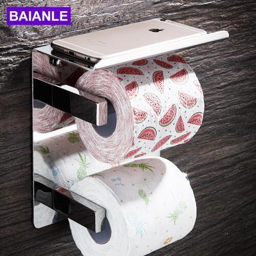 BAIANLE Bathroom Toilet Paper Holder Stainless Steel Wall Mounted Double Layer Roll Paper Rack Mobile Phone Paper Towel Holder