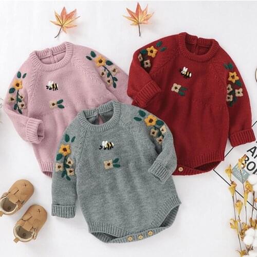 Autumn Winter Infant Kids Baby Clothes Rompers Baby Girl Long Sleeve Embroider Knit Jumpsuit Newborn Baby Girl Rompers