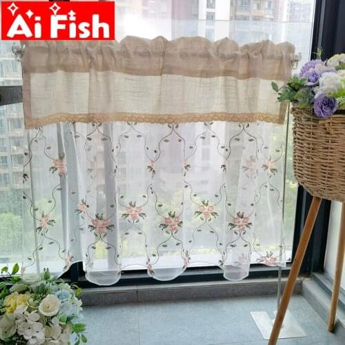 Korean Pastoral Pink Flowers with Beige Linen Stitching Lace Window Screen Tulle For Bedroom Bay Window Kitchen Decoration #4