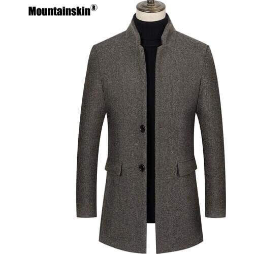 Mountainskin Mens New Woolen Jacket Winter Autumn Male Stand Collar Fashion Thick Long Coat Solid Casual Windproof Coat SA995