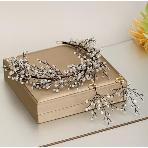 Fashion Black Tiara Headbands Crystal Hairband With Earrings Leaves Wedding Hair Accessories Handmade Women Hair Jewelry