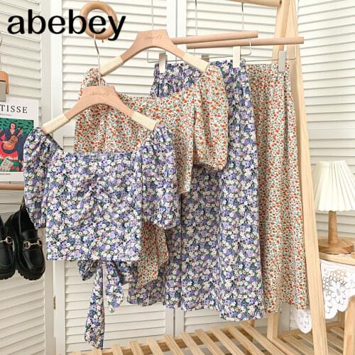 Fashion Square collar puff sleeve floral single breasted short Top + high waist mid-length Skirt 2-pieces set 2021 New Summer