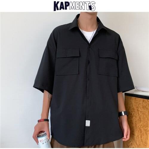KAPMENTS Men Solid Pockets Harajuku Vintage Shirts 2021 Summer Mens Japanese Streetwear Button Up Shirts Male Short Sleeve Shirt