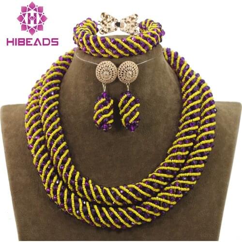 New Purple Mix Yellow Bridal Beads African Jewelry Sets Crystal Rope Chain Necklace Earrings Set Handmade Free Shipping WD883