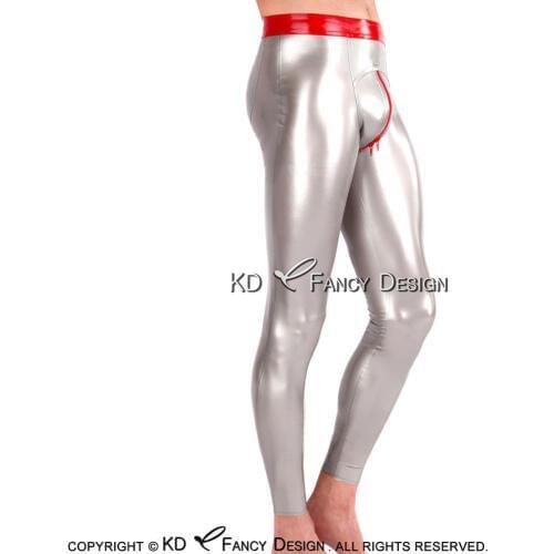 Silver And Red Trims Sexy Latex Pants With Front To Back Crotch Zipper Rubber Leggings Trousers CK-0060