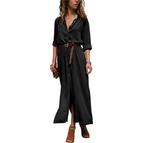 Single Breasted Solid Color Turn Down Collar Long Sleeve Office Dress Women Casual Streetwear Elegant Ankle Length Dresses