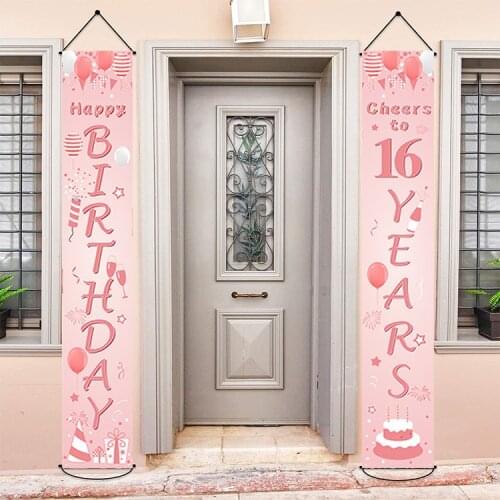 Pink 16 Year Birthday Door Banner Meet 16 Happy Birthbay Party Decor Rose Gold Balloon Cheer 16 Princess Sixteen Birthday Ballon