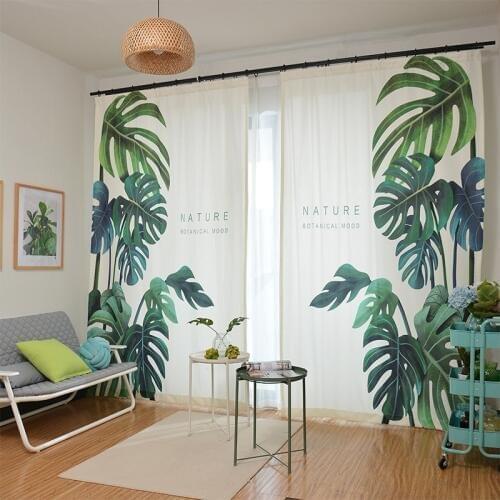Modern Elegant Custom Green Plant Leaves Print Curtains Shade Thermal Insulated Window Decor for Living Room Bedroom Blackout