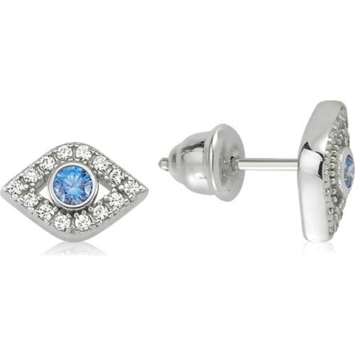 Valori Jewels Sweet Evil Eye, Zirconia White And Fancy Blue Gemstone, Rhodium Plated, Sterling Silver Earrings
