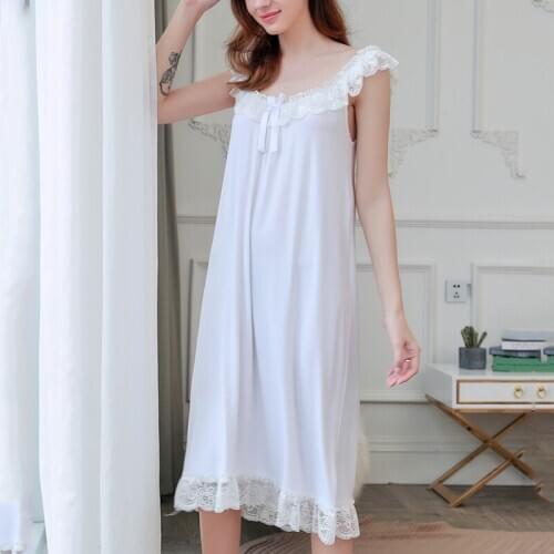 Womens Modal Nightgown Lace Sleepdress Sleeveless Breathable Soft Home Wear for women Princess Modal Strap Vintage Nightdress