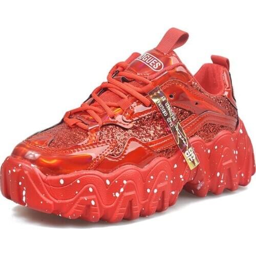 2020 fall hot sale Sneakers Women Platform Shoes Sequined Lace-Up Vulcanize Shoes Female Trainers Dad Shoes Increase 5cm