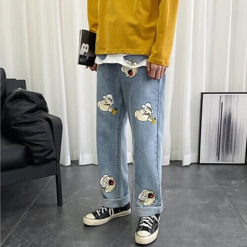 Cartoon Popeye Print Wide Leg Jean Women High Waist Harem Pants Female Loose Casual Plus Size Denim Trousers Harajuku Streetwear