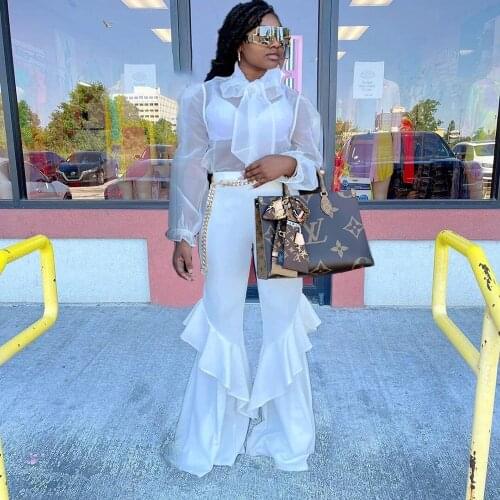 2021 High Quality New Design 2 pcs Mesh Women Set Solid Bow Blouse and Ruffles long Pants Summer Casual Outfits