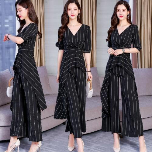 Female Black And White Striped Suit 2019 Summer Irregular Top And Wide Leg Pants Elegant Woman Pants And Blouse Set DD2109