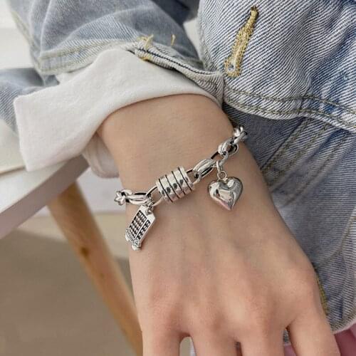VENTFILLE 925 Sterling Silver Bracelets for Women INS New Trendy Vintage Creative Abacus Love Heart Thick Chain Party Jewelry