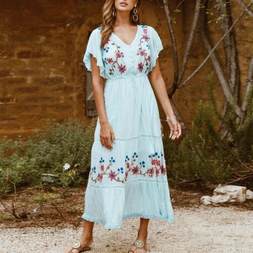 Boho Floral Embroidered Long Dress Women Vintage V-neck Short Sleeve Blue Rayon Dresses Summer Casual A-line Beach Holiday Dress
