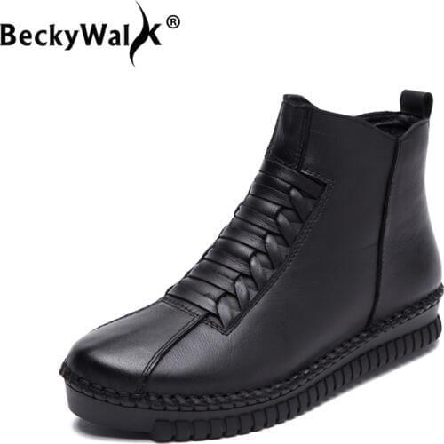 BeckyWalk Winter Ankle Boots Women Genuine Leather Shoes Handmade Women Shoes Plush Flat Heel Snow Boots Plus Size 35-43 WSH3066