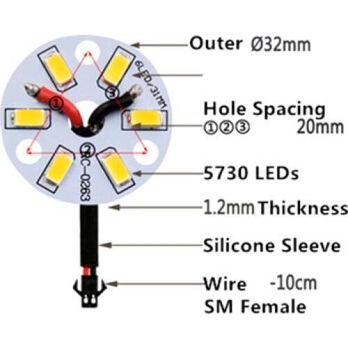 5Pcs SMD 5730 3W 32mm White Light LED Lighting Board Pannel Source Beads Aluminum Plate Base With SM Female Plug