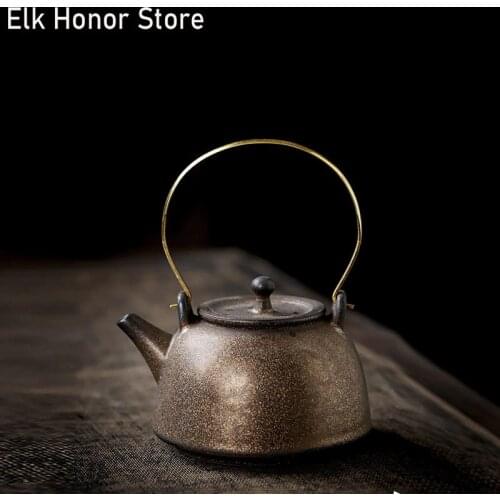 200ml Ancient Japanese Style Coarse Ceramic Loop-handled Teapot Handmade Rust Glaze Household Teakettle Kung Fu Tea Master Pots