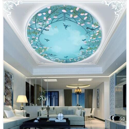 Custom photo 3d wallpaper ceiling mural Hand painted flowers and birds idyllic sky decor 3d wall murals wallpaper for walls 3d