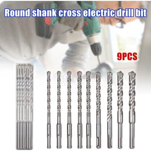 9pcs/set Round Shanks Cross Electric Hammer Drill Bit Set for Wall Concrete Drilling In Stock