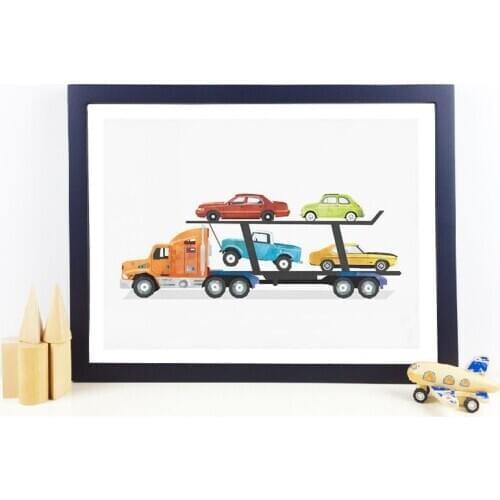 Car Carrier Transportation Truck Art Painting Picture Kids Boy Room Wall Decor , Semi Truck Party Art Prints Boys Bedroom Poster
