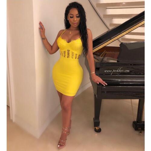Free Shipping Women Sexy Fashion Sleeveless Lace Yellow Bandage Dress Elegant Designer Summer Party Dress Vestido