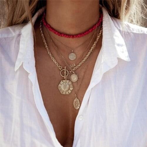 Bohemian Choker Coin Cross Sun Pendant Necklace For Women Gothic Gold Color Layered Chain Vintage Necklaces Jewelry