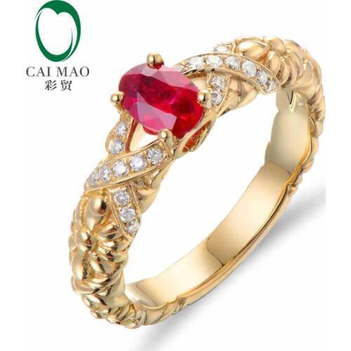 CaiMao 18KT/750 Yellow Gold 0.65 ct Natural Red Blood Ruby & 0.12 ct Full Cut Diamond Engagement Gemstone Ring Jewelry
