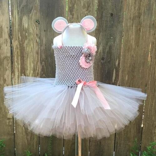 Girls Grey Mouse Tutu Dress Kids Crochet Tulle Dress with Pink Flower and Hairbow Children Birthday Party Cosplay Costume Dress