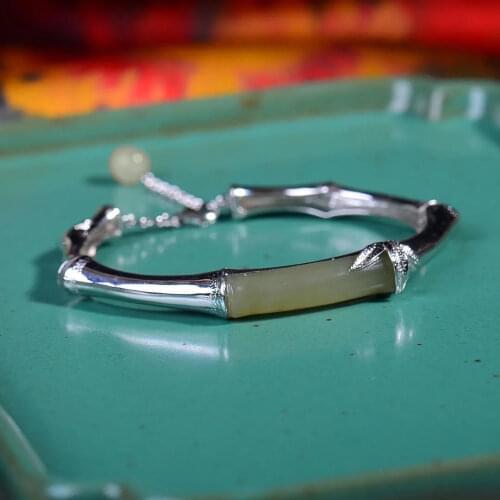 Natural Hetian Jade Green Jade Bamboo Bracelet S925 Sterling Silver Bracelet Open to Give Mom Retro Style Womens Jade Bracelet