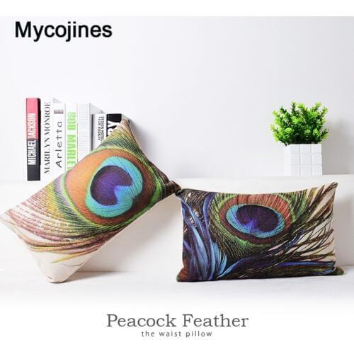 Beautiful Peacock Feather Cushion Cover Throw Pillow Case Linen Cotton Home Decorative Lumbar Pillow Cover Waist Support 30*50cm