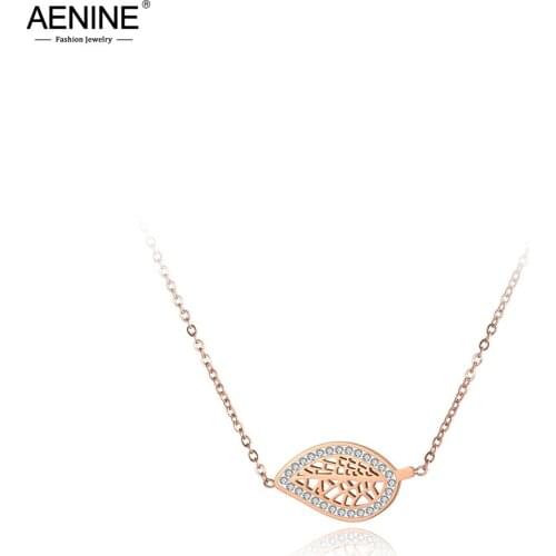 AENINE Trendy Rhinestone Stainless Steel Pendant Party Jewelry Rose Gold Leaves Chokers Necklaces For Women Girls AN19046