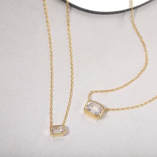 Trendy CZ Necklace 925 Sterling Silver Princess-Cut Cubic Zirconia Pendant Necklaces for Women Gold Plated Rectangle Jewelry