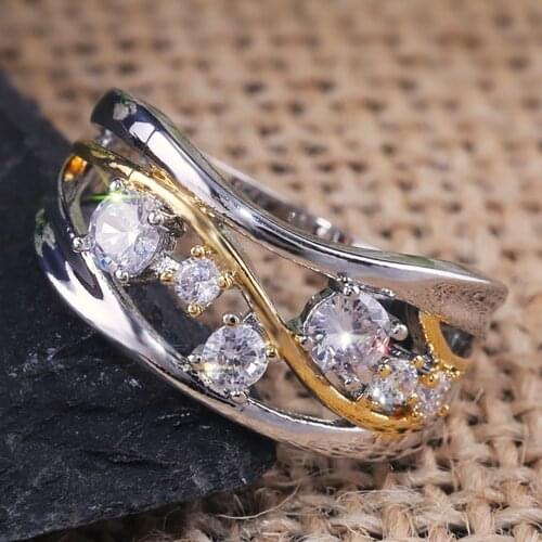 Fashion Luxury Hollow Zircon Rings Jewelry for Women Two-tone Color Lady Cocktail Party Finger Ring Wedding Engagement Gift