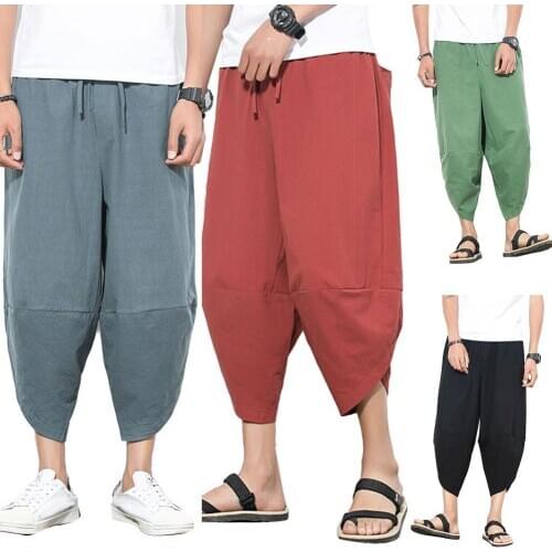 Men Summer Casual Plus Size Solid Color Cropped Harem Pants Wide Leg Trousers Men Casual Plus Size Harem Pants Wide Leg Trousers